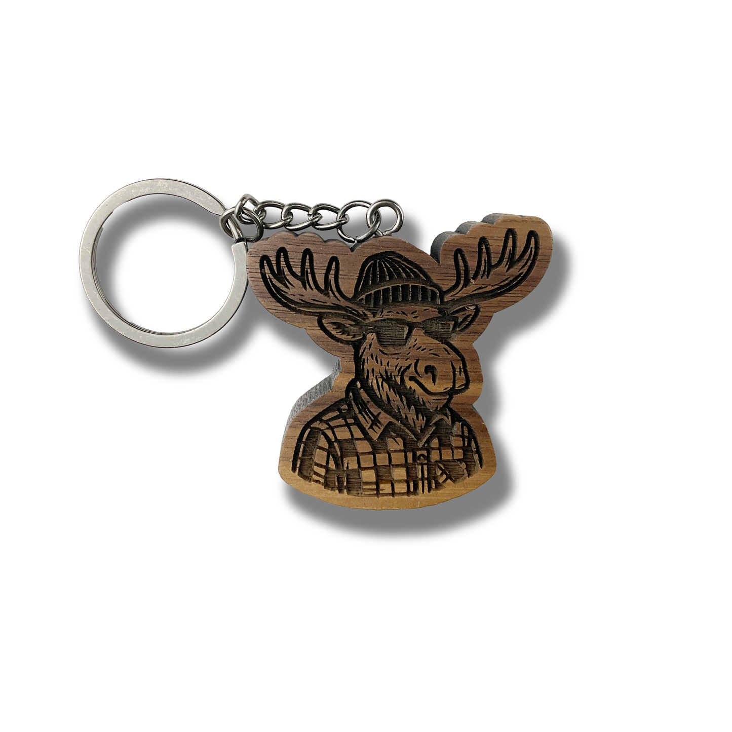 Wooden moose keychain with plaid shirt on a white background