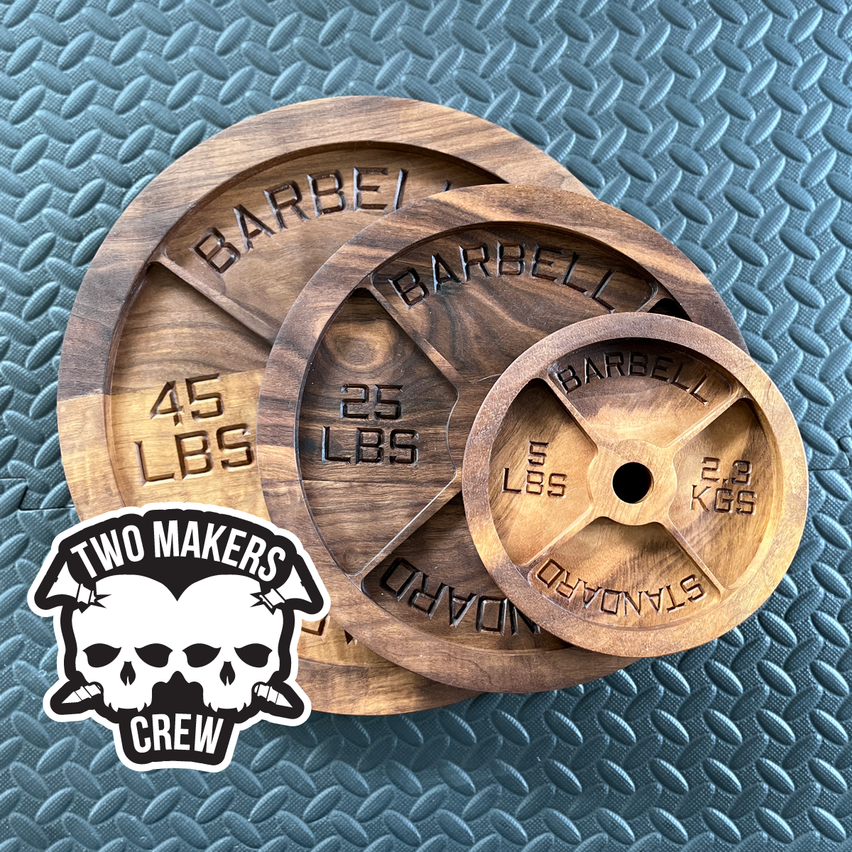 Barbell weight plate trays in 3 sizes; 5 lbs, 25lbs and 45 lbs