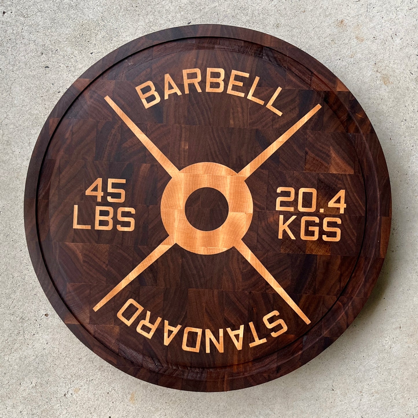 Barbell Weight Plate End Grain Cutting Board