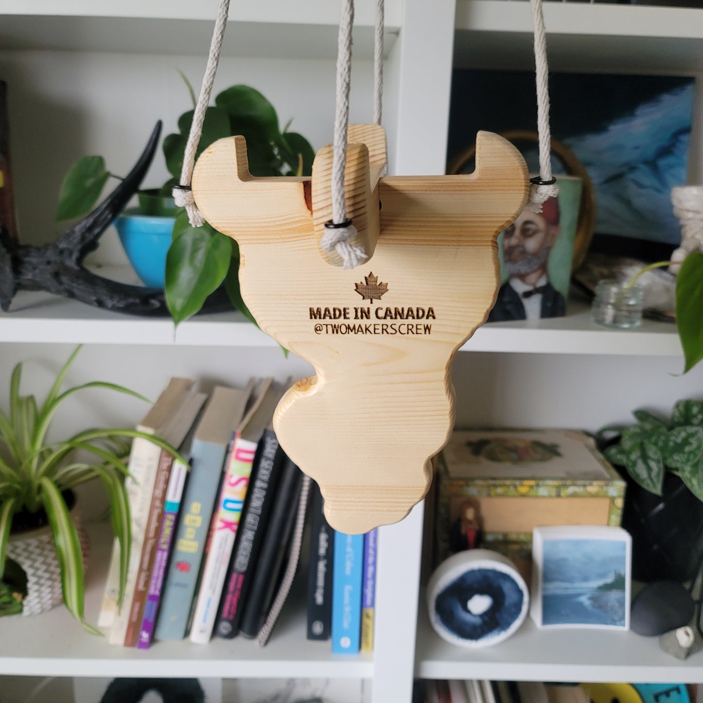 Wooden product with 'Made in Canada' label on a shelf with books and plants
