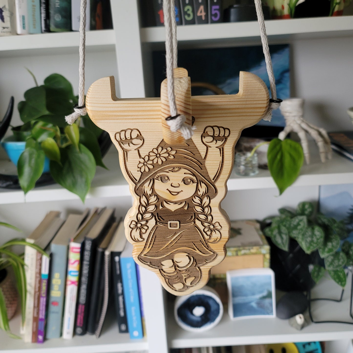 Wooden decorative hanging female gnome plant holder. 