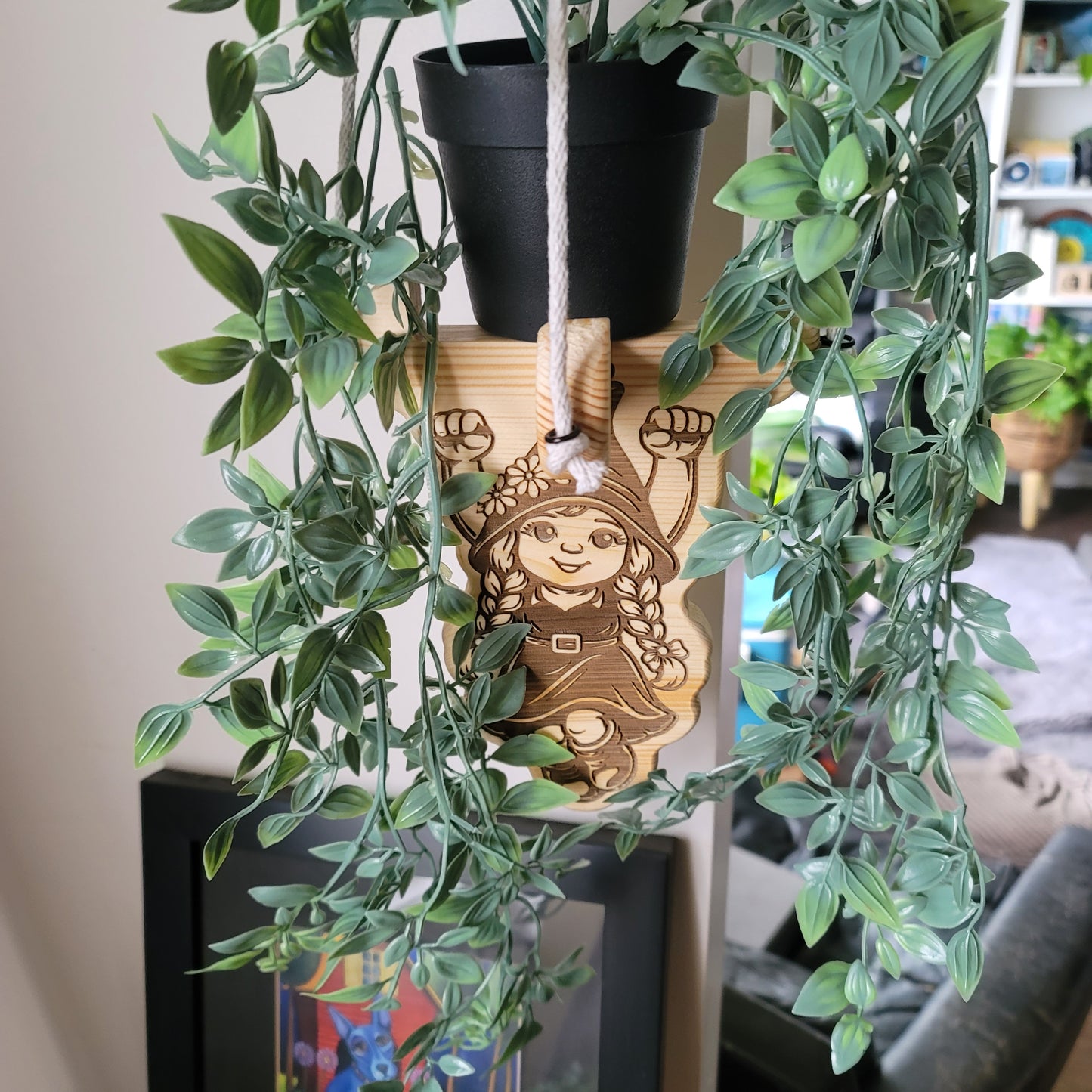 Wooden decorative hanging female gnome plant holder. 