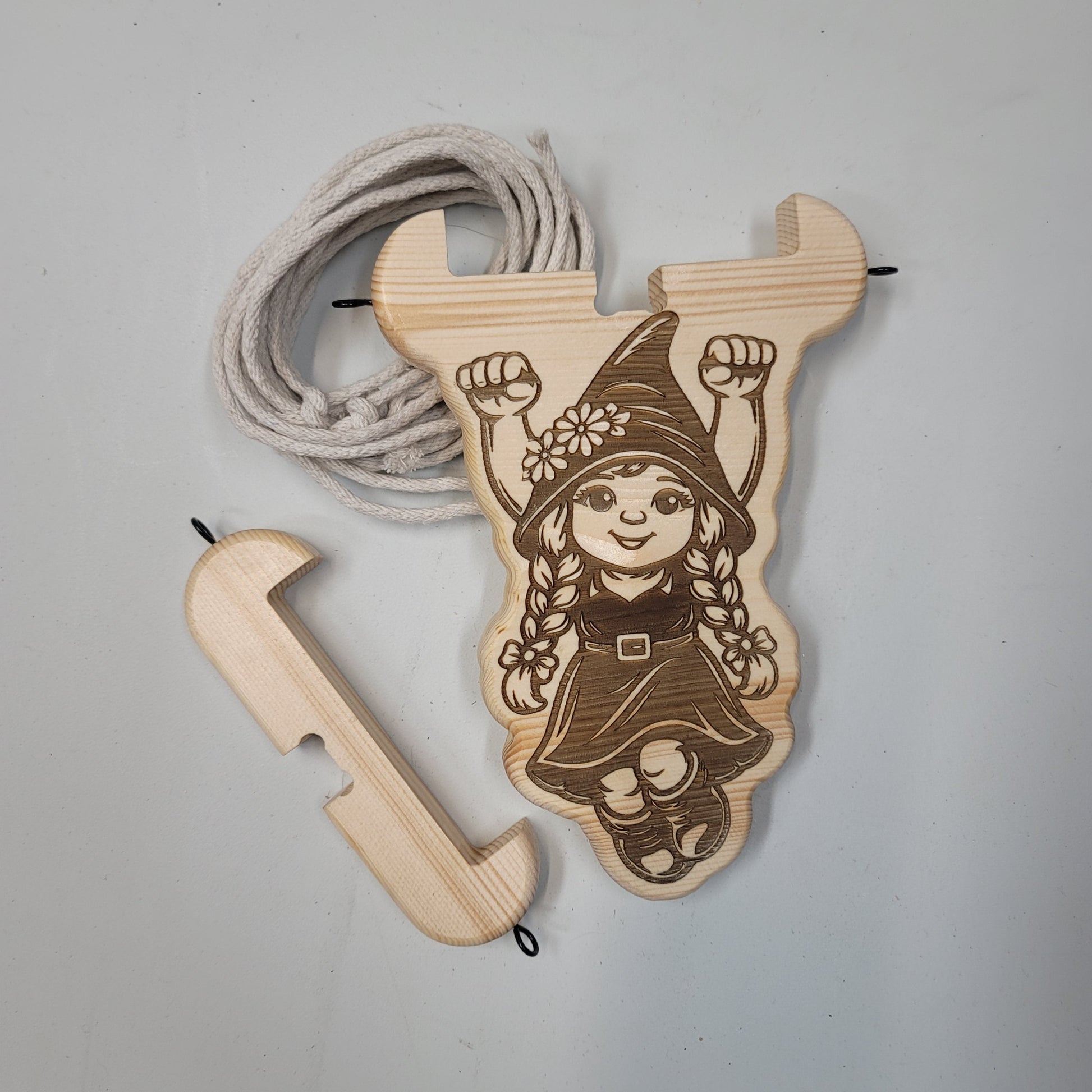 Wooden decorative hanging female gnome plant holder. 