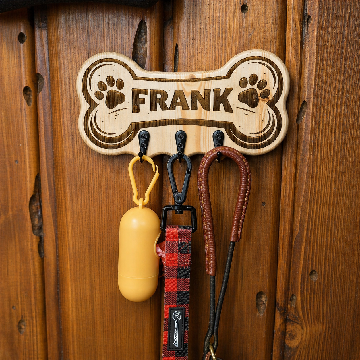 Wooden bone-shaped hook with 'FRANK' engraved, holding a yellow container and two dog leashes on a wooden background.