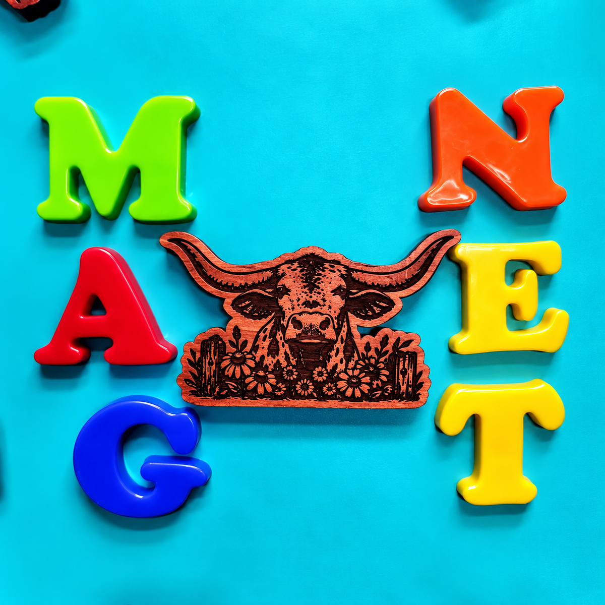 Flower Crown Longhorn Magnet | Western Farm Gift | Aromatic Red Cedar