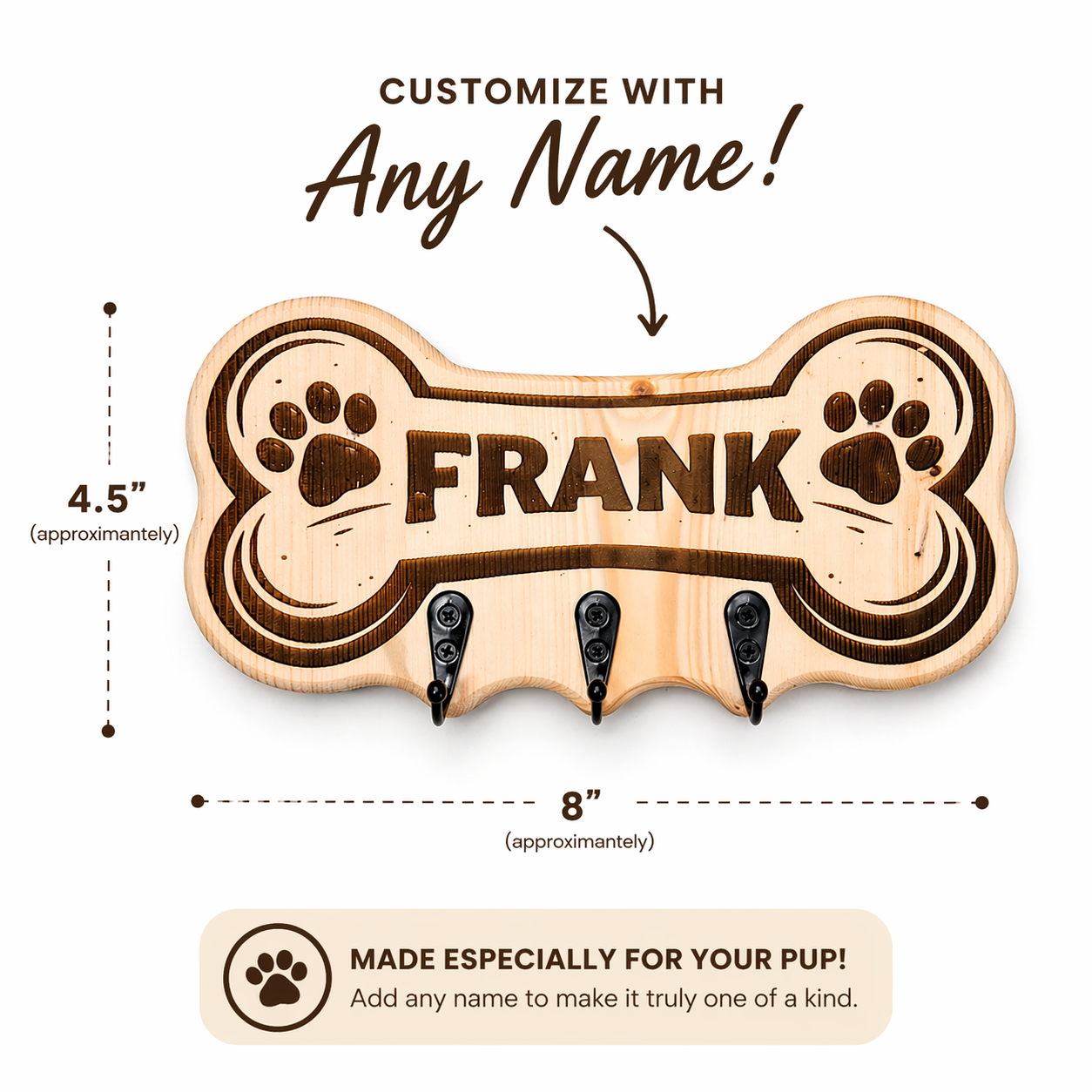 Wooden bone-shaped pet tag with engraved name 'Frank' and instructions to customize with any name.