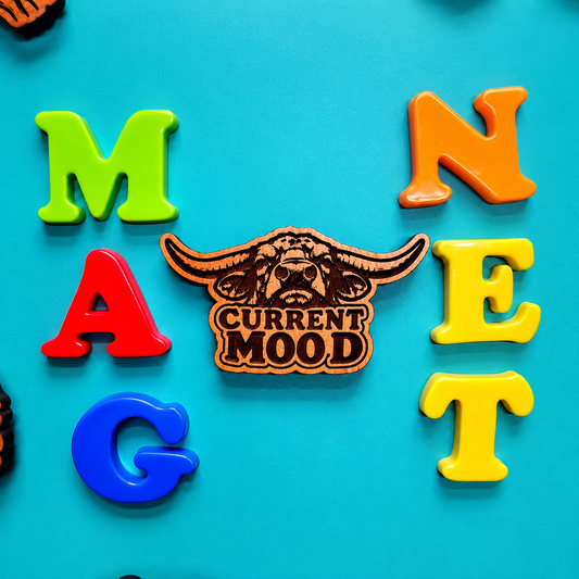 A wooden magnet shaped like a bison head with the words 'CURRENT MOOD' engraved in black, surrounded by colorful magnetic letters spelling 'MAGNET' on a bright turquoise background.