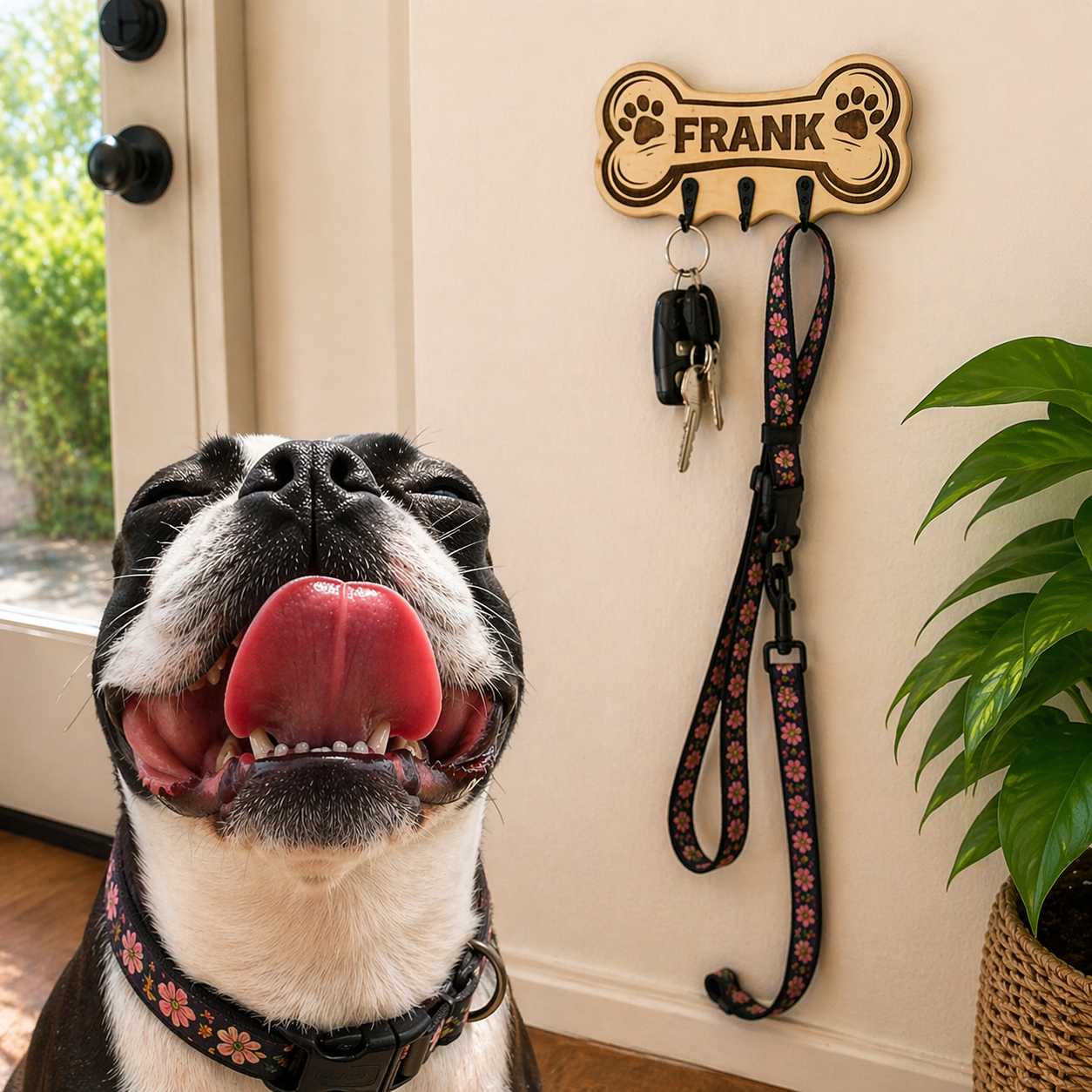 Dog with a floral-patterned leash hanging on a 'FRANK' leash holder.
