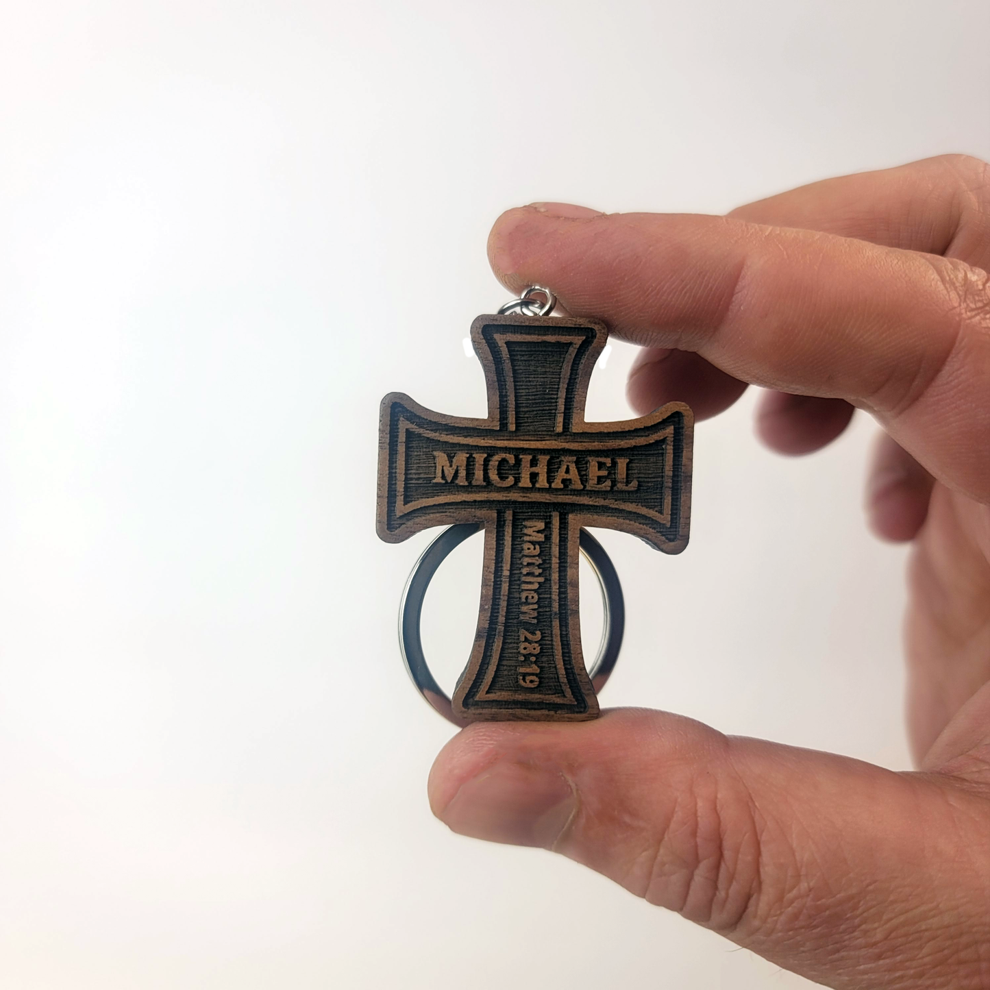 Personalized Cross - Solid Walnut Keychain Name and Bible Verse