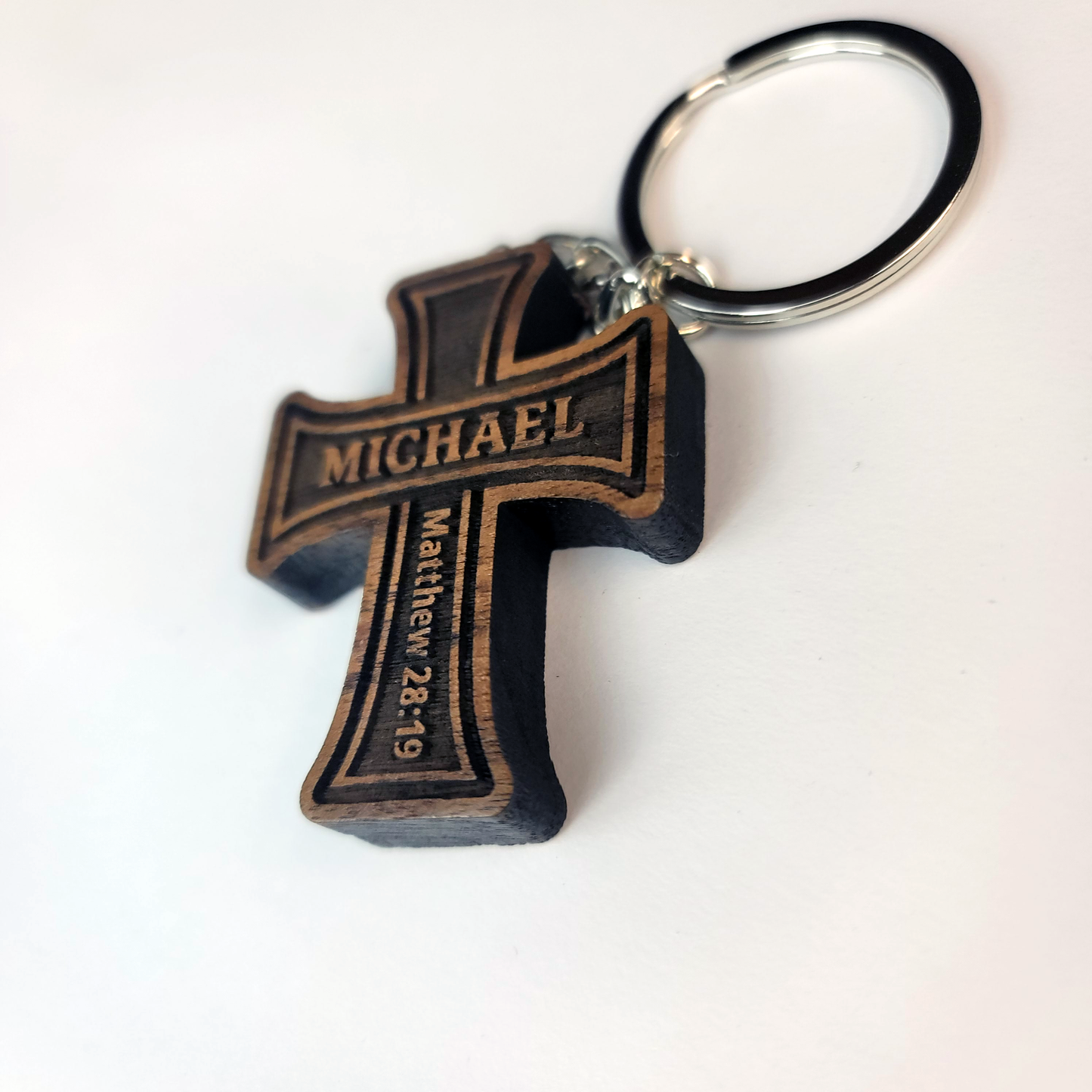 Personalized Cross - Solid Walnut Keychain Name and Bible Verse