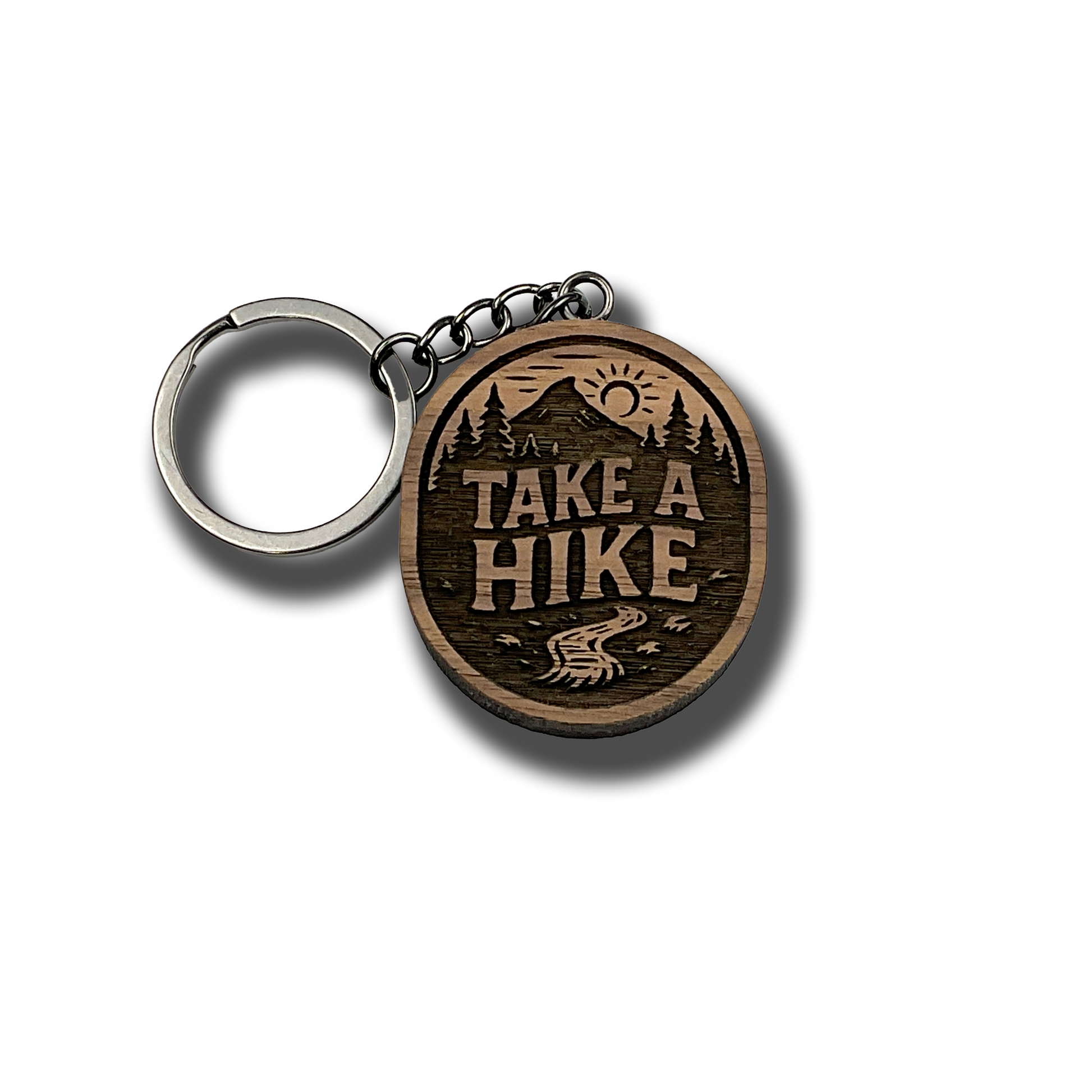 Wooden keychain with 'Take a Hike' engraving on a white background