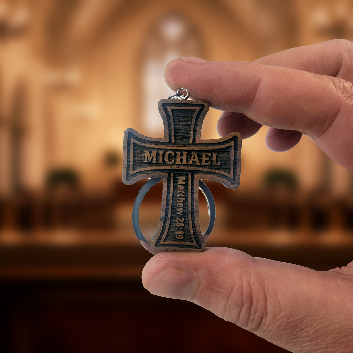 Personalized Cross - Solid Walnut Keychain Name and Bible Verse