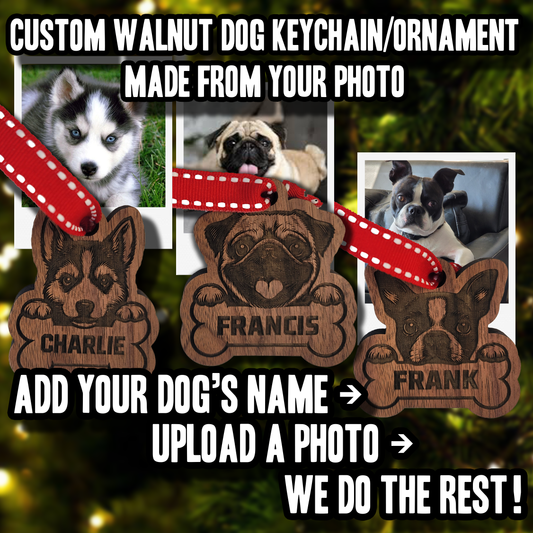 Custom walnut dog keychain/ornament with dog photos and names on a green background.