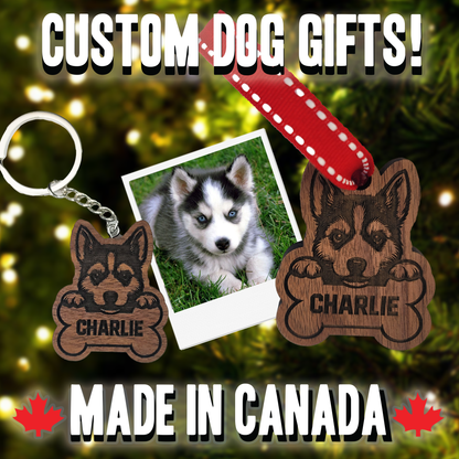 Custom dog gifts with 'Charlie' on bone-shaped tags, featuring a dog photo, on a festive background.