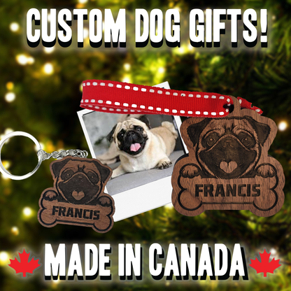 Custom dog gifts including a keychain and tag with 'Francis' on a blurred Christmas tree background.