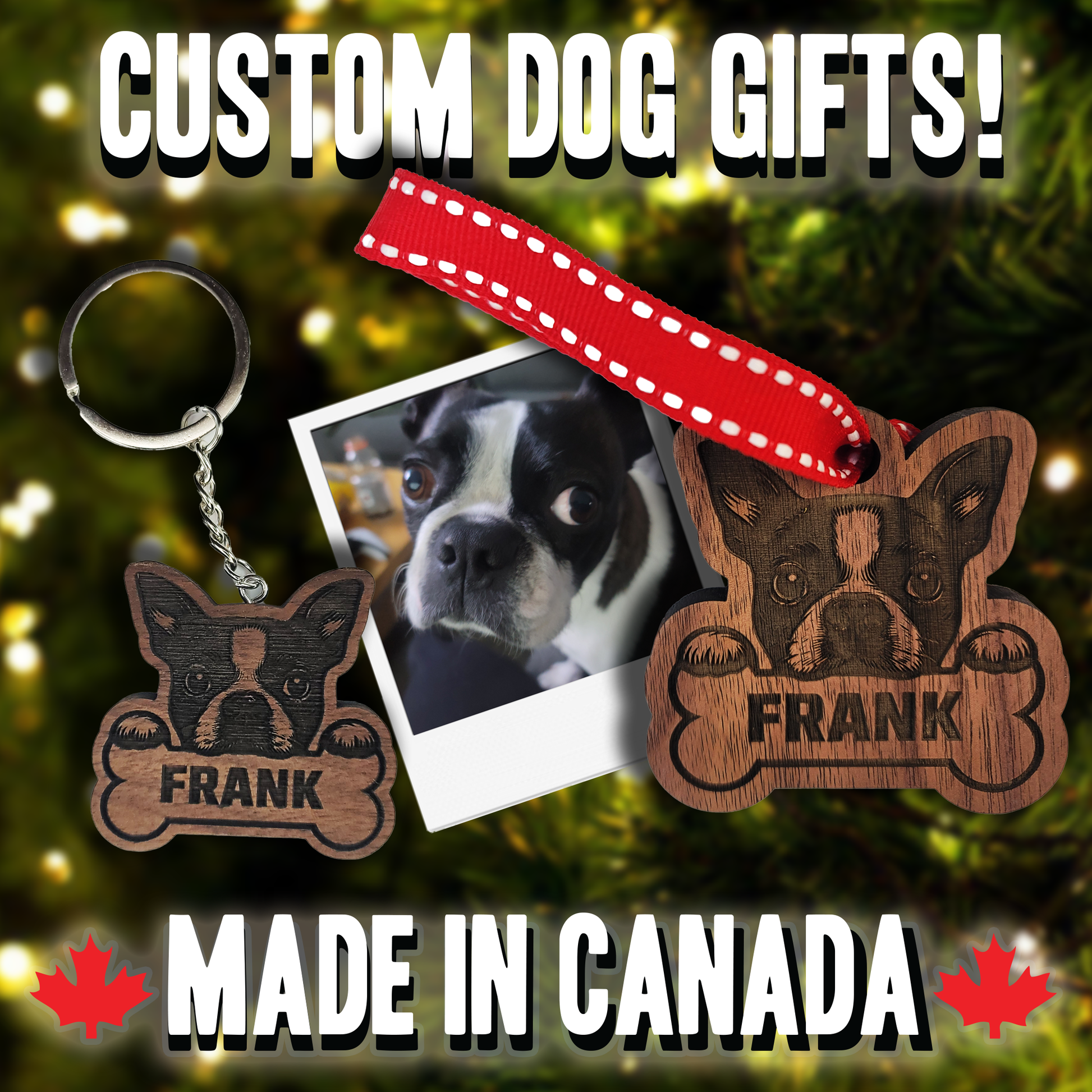 Custom dog gifts including a keychain and wooden tag with 'Frank' engraved, against a blurred green background.