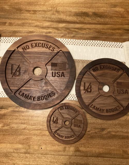 Custom gym set gift of walnut barbell weight plate trays