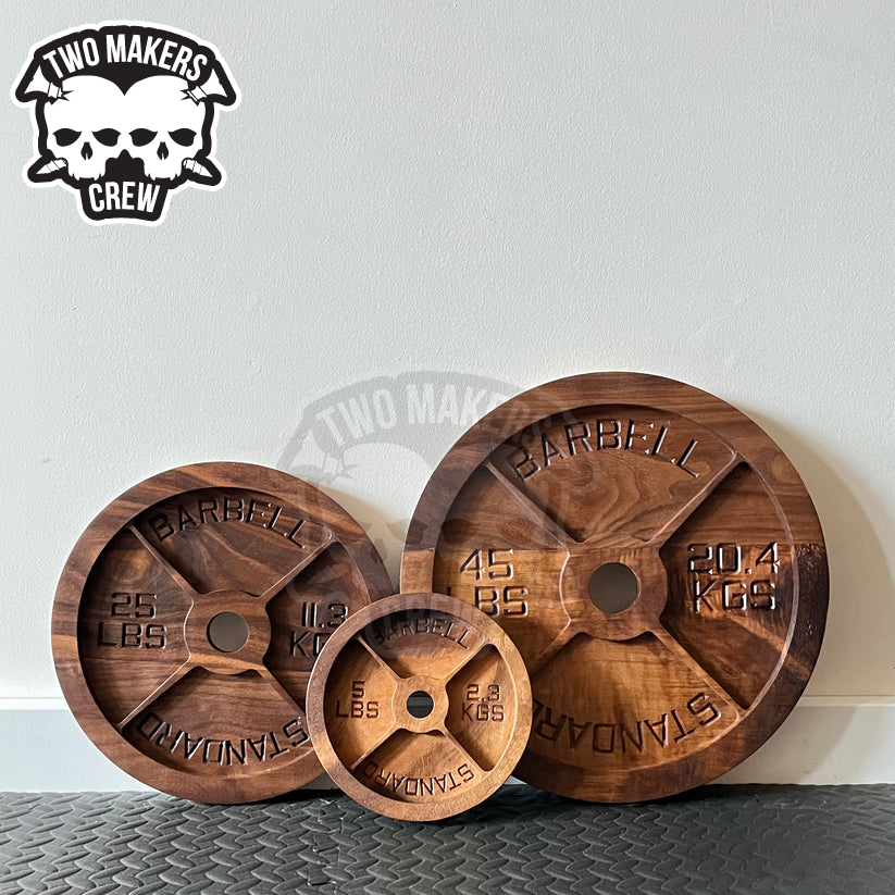 Barbell weight plate tray in dark walnut by Two Makers Crew